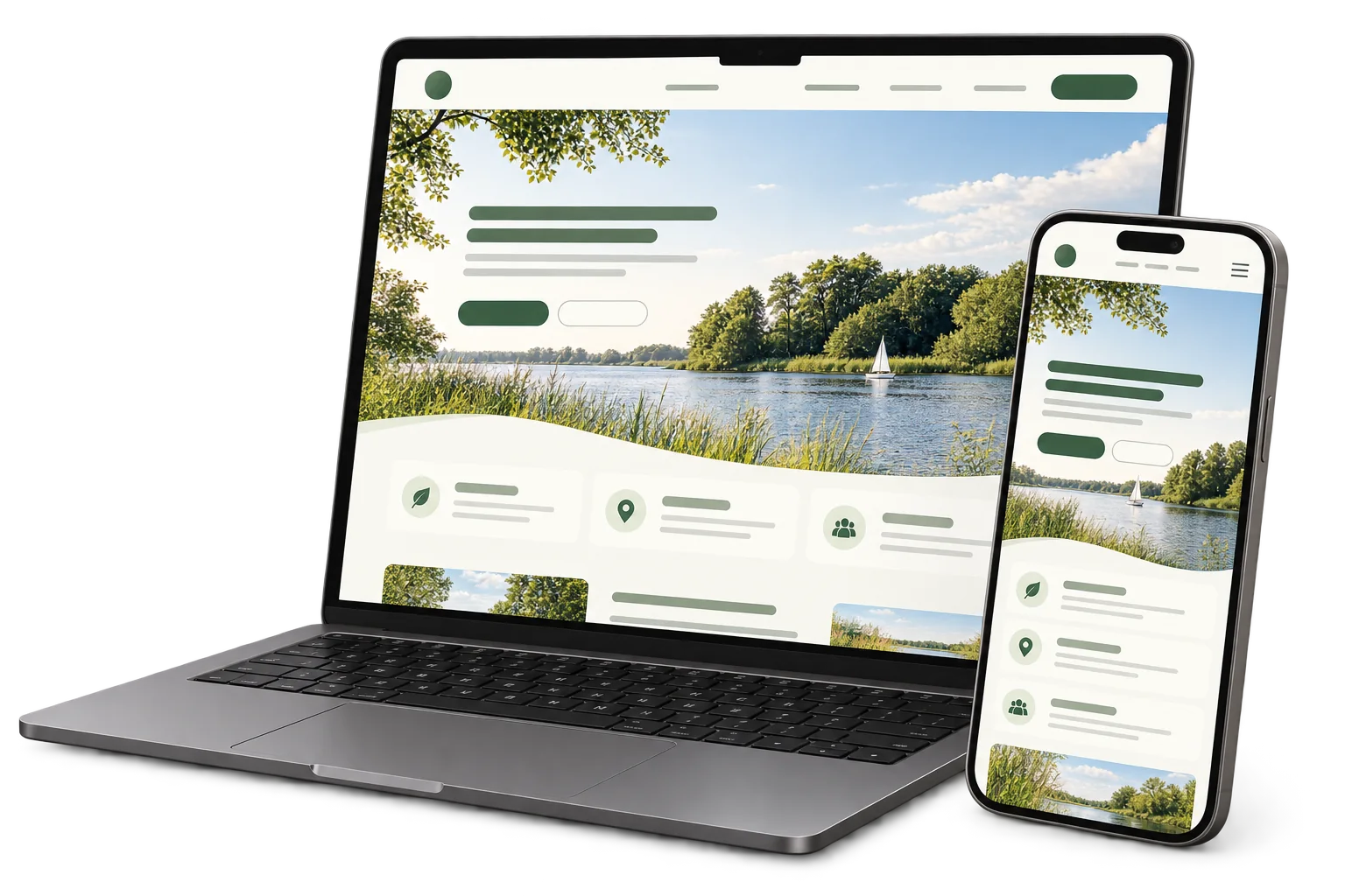 Laptop und Smartphone zeigen einen responsiven Webseitenentwurf mit einer Flusslandschaft des Elbe-Havel-Winkels