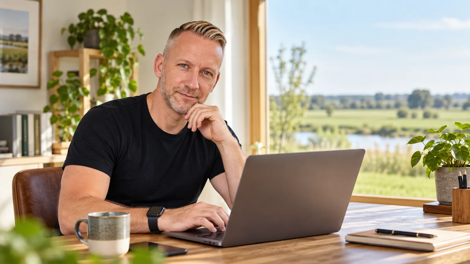 Inhaber von Mahnix arbeitet in einem hellen Büro am Laptop an einer Website