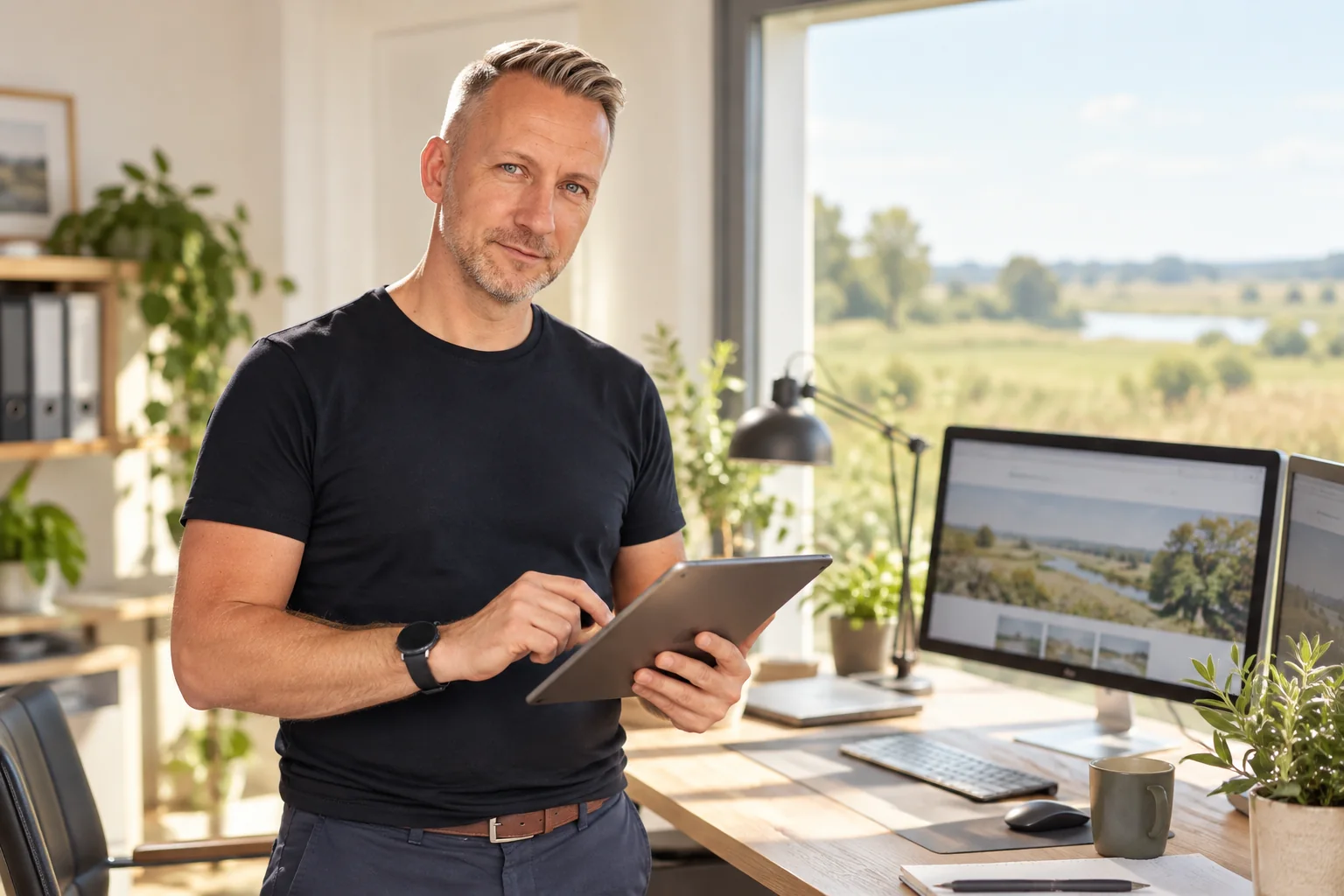 Inhaber von Mahnix prüft eine Website auf einem Tablet in einem hellen Büro